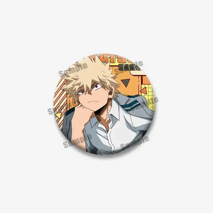 Circular tinplate coin brooch featuring bakugou from hero academia in gray school uniform shirt cartoon badge