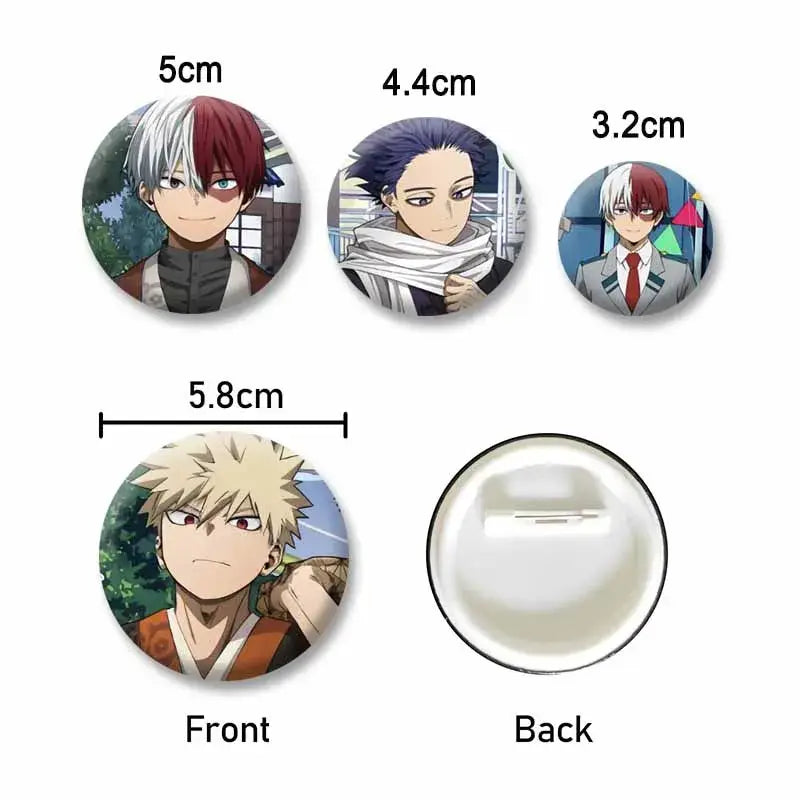 Circular glossy tinplate coin brooch featuring my hero academia bakugou and midoriya anime illustrations