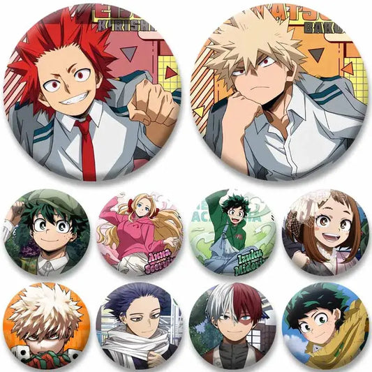 Set of vibrant my hero academia tinplate coin brooches featuring glossy bakugou and midoriya anime illustrations