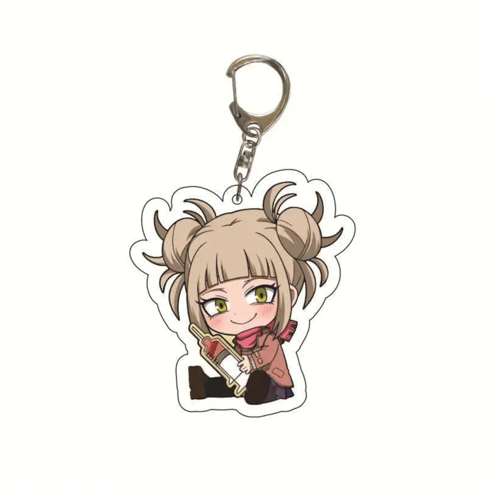 Chibi style acrylic keychain featuring hero academia character with blonde pigtails and green eyes holding a sword