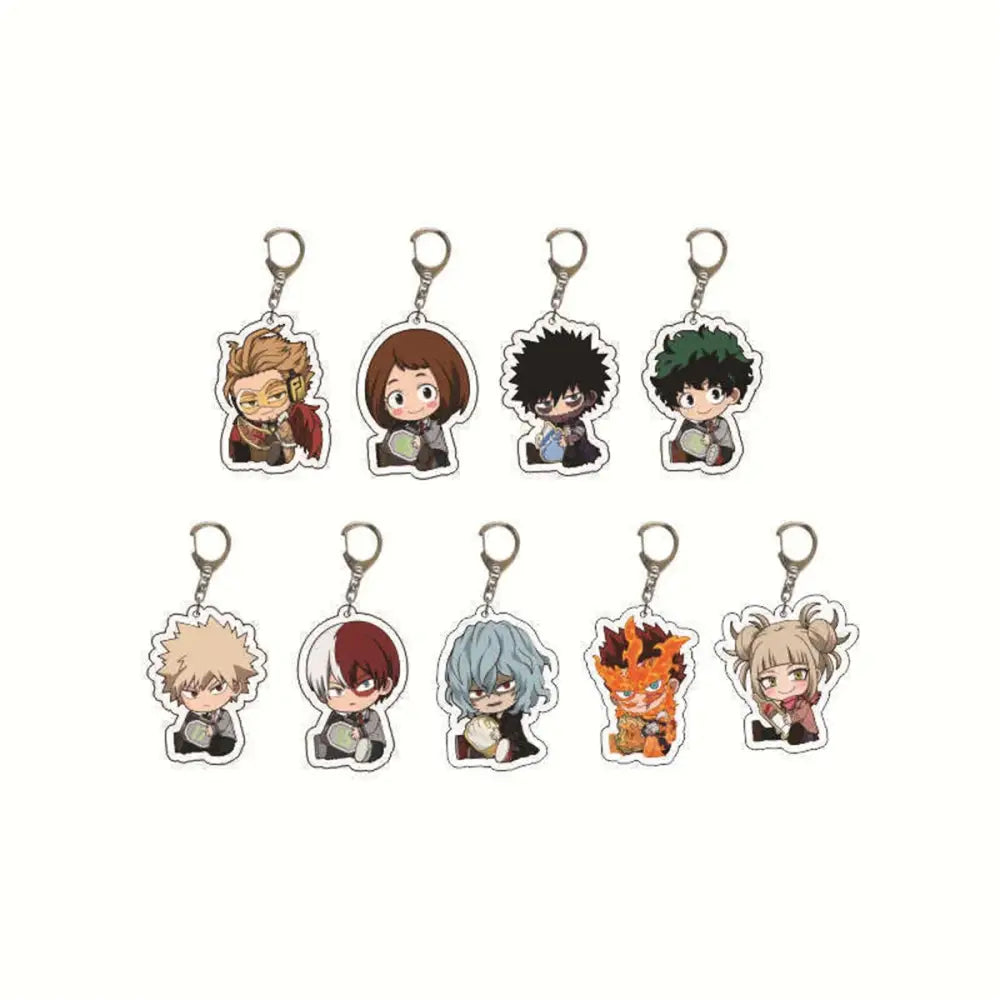 Set of eight hero academia acrylic keychains featuring colorful chibi anime characters with silver metal rings for bags