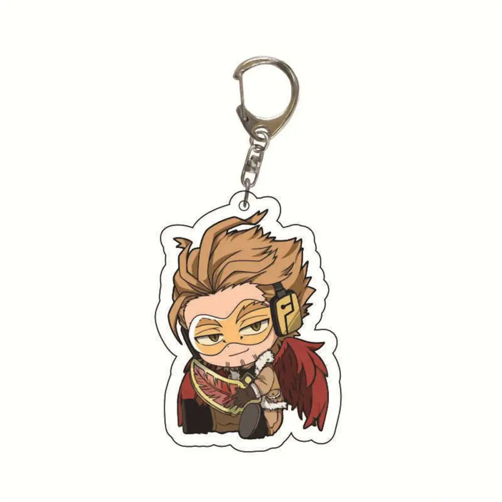 Chibi-style hero academia acrylic keychain with spiky brown hair, gold-rimmed glasses, and red feathered cape bag charm