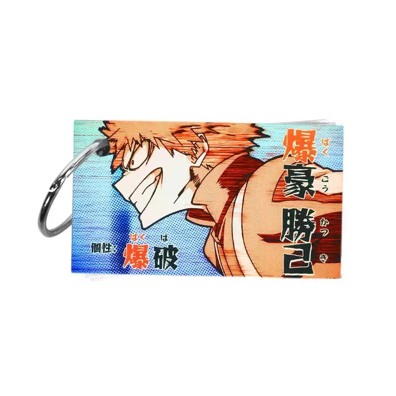 My Hero Academia character note pad with vibrant orange-haired anime keychain and bold red Japanese text on blue background