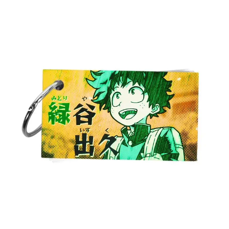 Green-haired anime character keychain with bold black and green text on yellow background for hero academia note pad