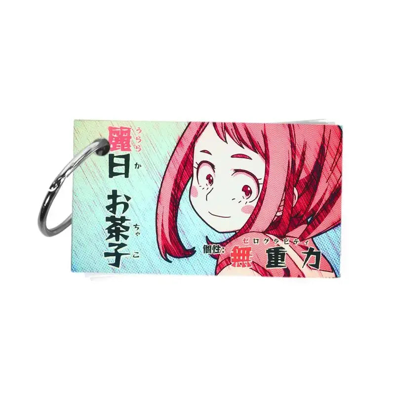A rectangular hero academia keychain with a vibrant pink-haired anime character printed on cardstock from china animation