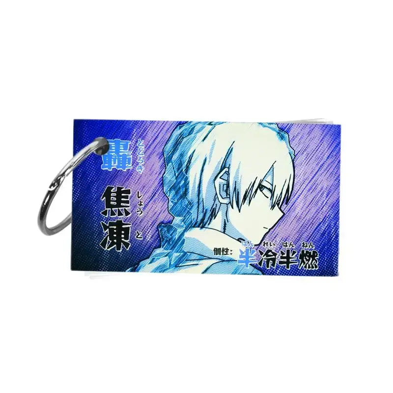 Blue hero academia keychain featuring white-haired anime character and stylized japanese text from official china animation note pad