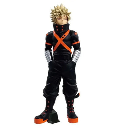 My hero academia character pvc figure of bakugo with spiky blonde hair, durable pvc, silver gauntlets, and orange boots for anime fans