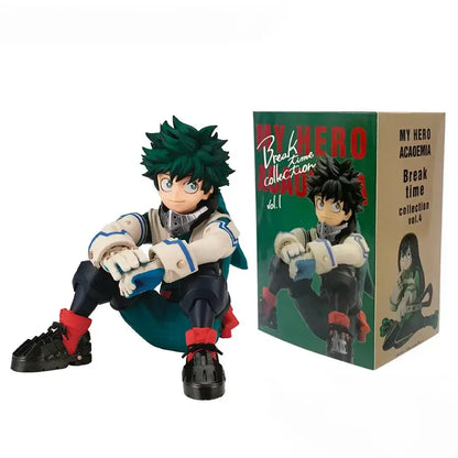 Green-haired izuku midoriya hero academia pvc figure in seated pose wearing white and blue uniform with red accents for anime fans