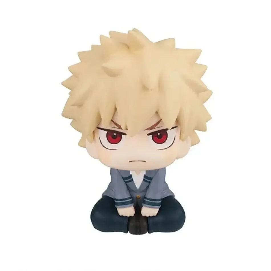 Chibi-style bakugo pvc figure with spiky blonde hair and red eyes wearing gray school uniform for hero academia fans