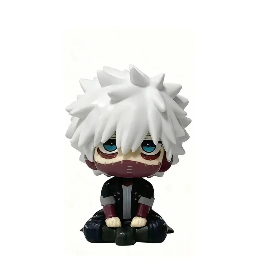 My hero academia chibi pvc figurine of white spiky-haired tomura shigaraki with blue eyes and maroon mask in black jacket