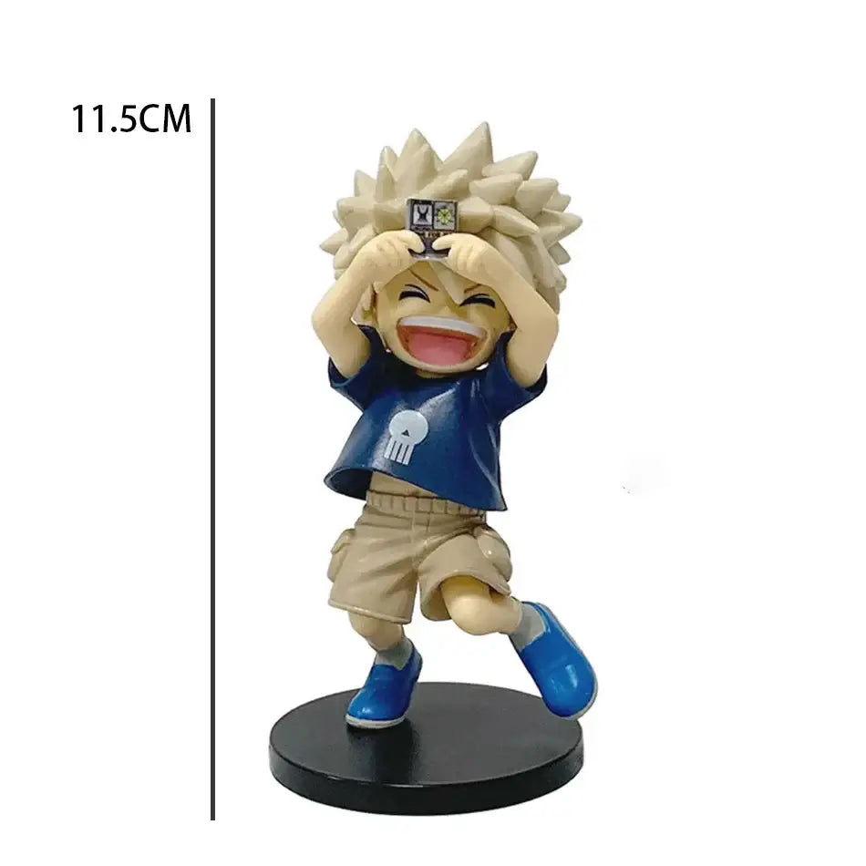 My Hero Academia chibi pvc figurine of Tomura Shigaraki in blue shirt beige shorts holding device on black base
