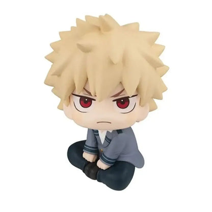 My Hero Academia chibi pvc figurine of bakugo with spiky blonde hair red eyes and gray school uniform jacket