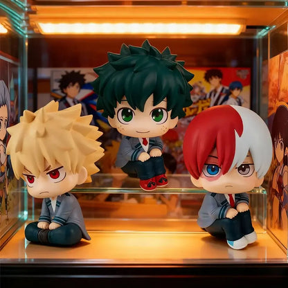 My hero academia chibi pvc figurine set features collectible green haired izuku midoriya and blonde katsuki bakugo with red and white tomura shigaraki