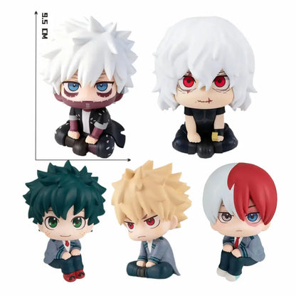 My hero academia chibi pvc figurine set featuring spiky white green blonde and red and white hair with detailed costumes