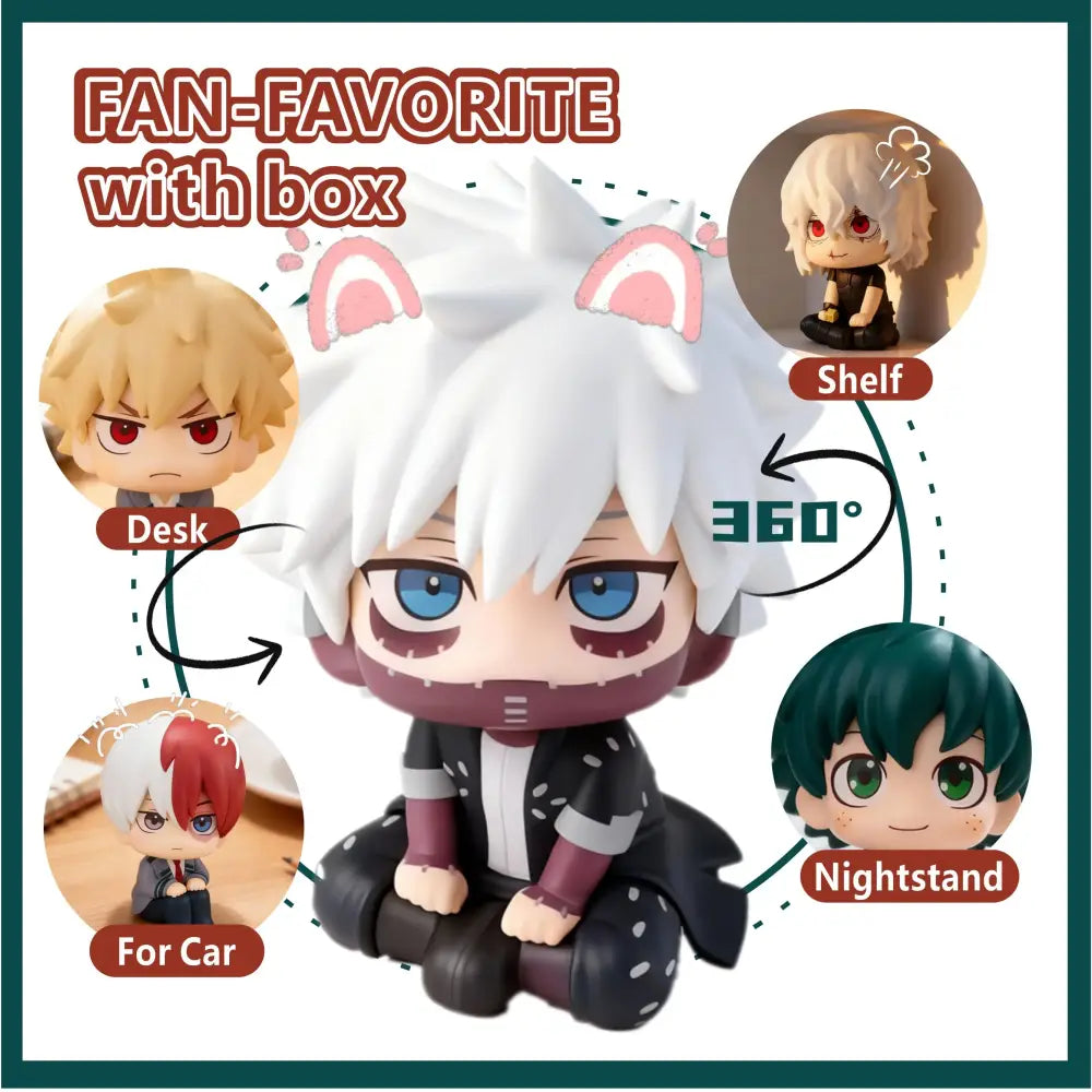 My hero academia chibi pvc figurine of white-haired blue-eyed tomura shigaraki with pink cat ears in black-and-white outfit