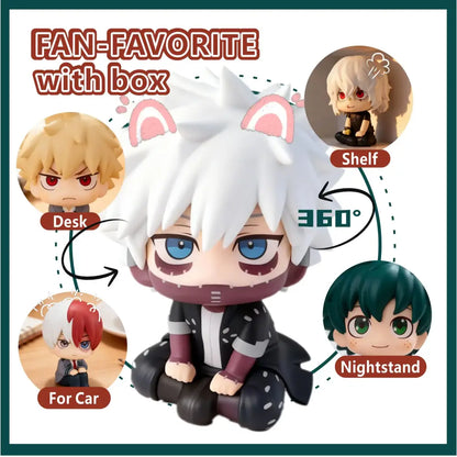 My hero academia chibi pvc figurine of white-haired blue-eyed tomura shigaraki with pink cat ears in black-and-white outfit