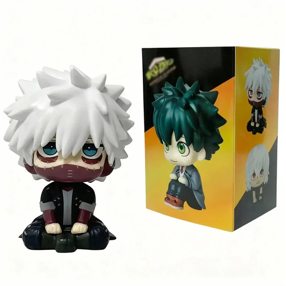 My hero academia chibi pvc figurine of tomura shigaraki with white spiky hair blue eyes maroon mask seated in black outfit