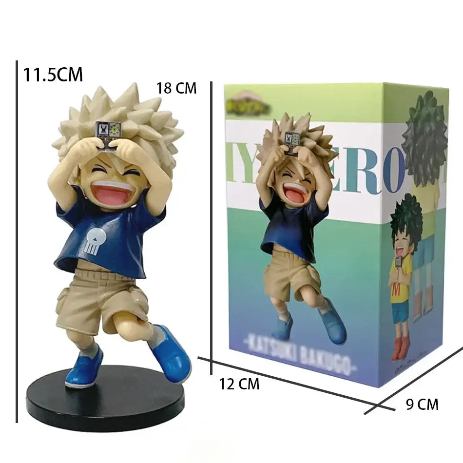A cheerful katsuki bakugo anime chibi pvc figurine in blue shirt and beige shorts from my hero academia