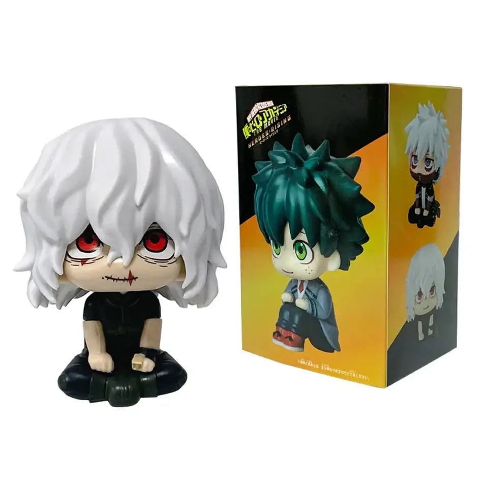 My hero academia chibi pvc figurine of tomura shigaraki with white hair red eyes stitched mouth and black outfit sitting cross-legged