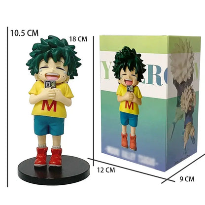 My hero academia chibi pvc figurine of a cheerful green-haired boy in yellow shirt and blue shorts on black base