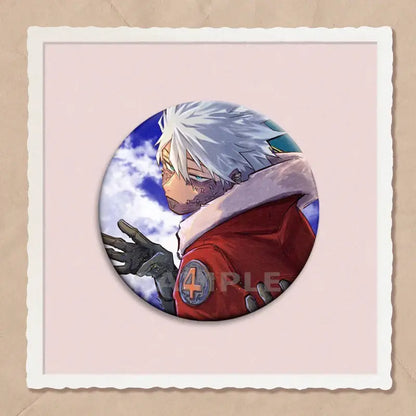 Circular hero academia dabi button pin featuring anime character with white hair red coat and black gloves in 32 44 58mm sizes