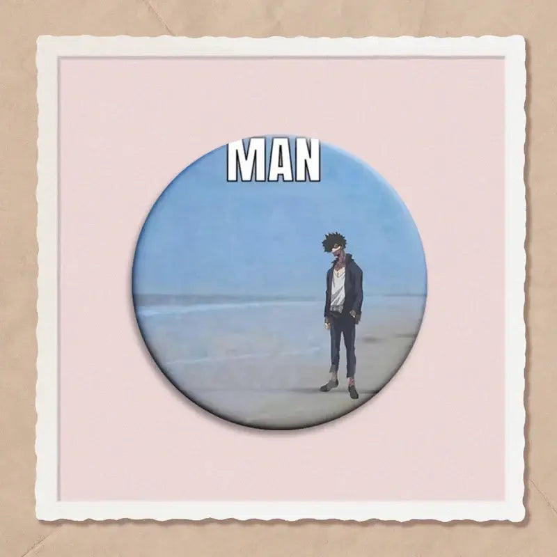 Circular my hero academia dabi button pin featuring anime-style dark-haired man with mask on beach under blue sky