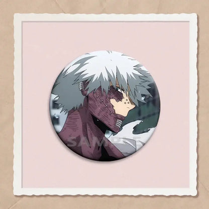 Circular ink-style hero academia dabi button pin featuring spiky white hair and stitched face in 32mm 44mm and 58mm sizes