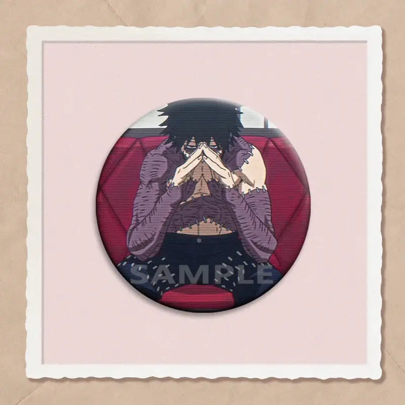 Circular hero academia dabi button pin featuring anime character with black hair in purple jacket seated on red cushion