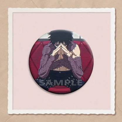 Circular hero academia dabi button pin featuring anime character with black hair in purple jacket seated on red cushion