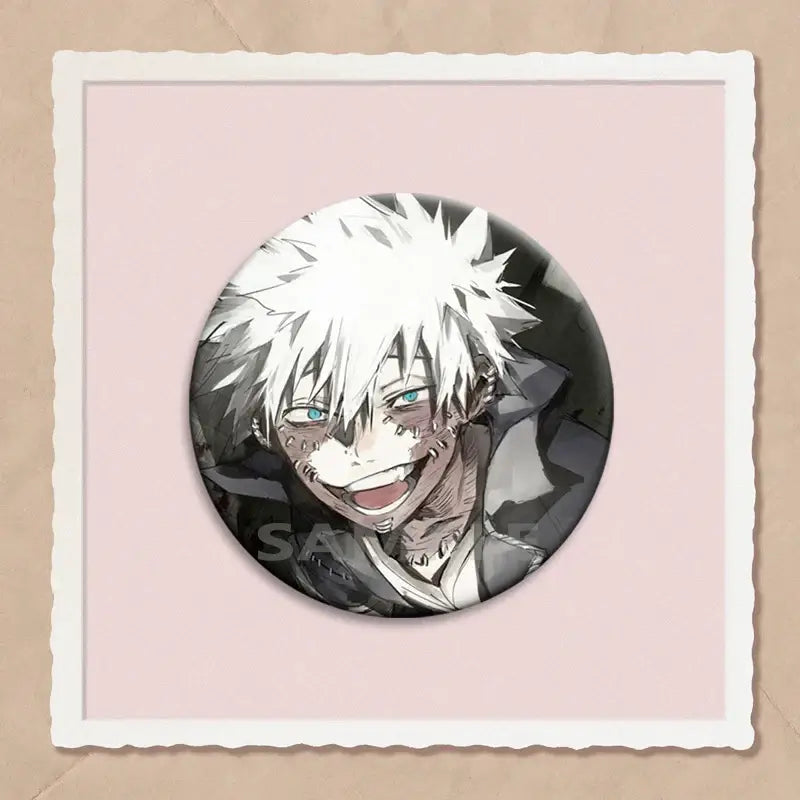 Circular hero academia dabi button pin featuring spiky white hair anime character in black-and-white illustration style