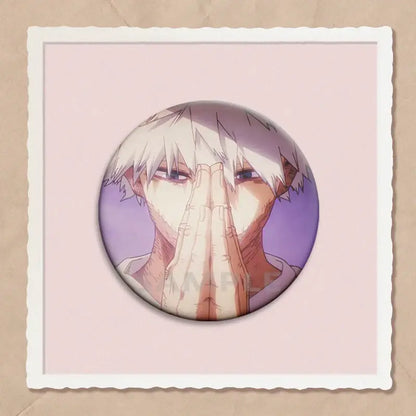 Circular hero academia dabi button pin featuring white-haired anime character on soft purple background in 32 44 58mm sizes
