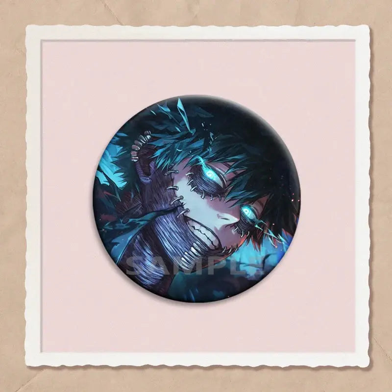 Circular hero academia dabi button pin featuring teal-haired anime character with glowing blue eyes on dark background