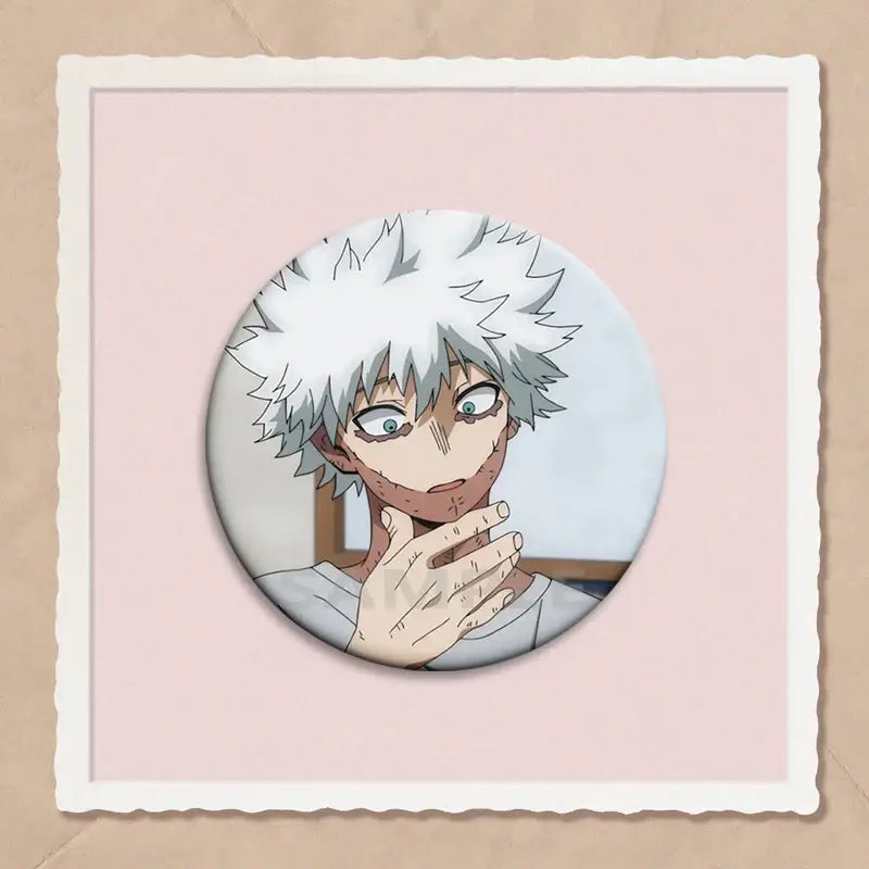 Circular my hero academia dabi button pin featuring detailed illustration of anime character with spiky white hair and green eyes
