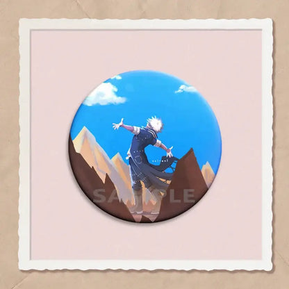 Circular hero academia dabi button pin featuring an anime character with spiky white hair on a rocky cliff