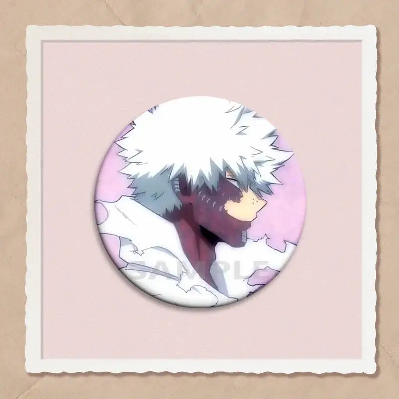 Circular hero academia dabi button pin featuring anime character with spiky white hair on soft pink background