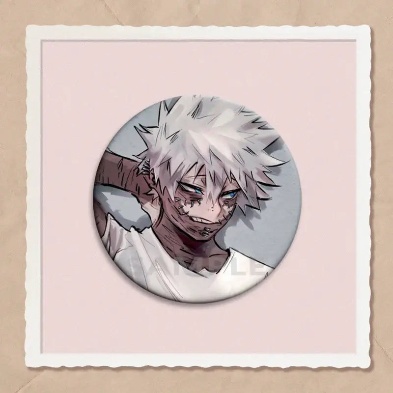 Circular my hero academia dabi button featuring an anime character with spiky white hair and blue eyes