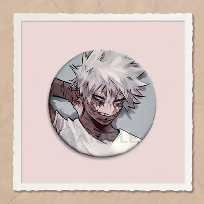 Circular my hero academia dabi button featuring an anime character with spiky white hair and blue eyes
