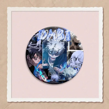 Circular hero academia dabi button pin featuring spiky hair character and blue white skeletal design in 32 44 58mm sizes