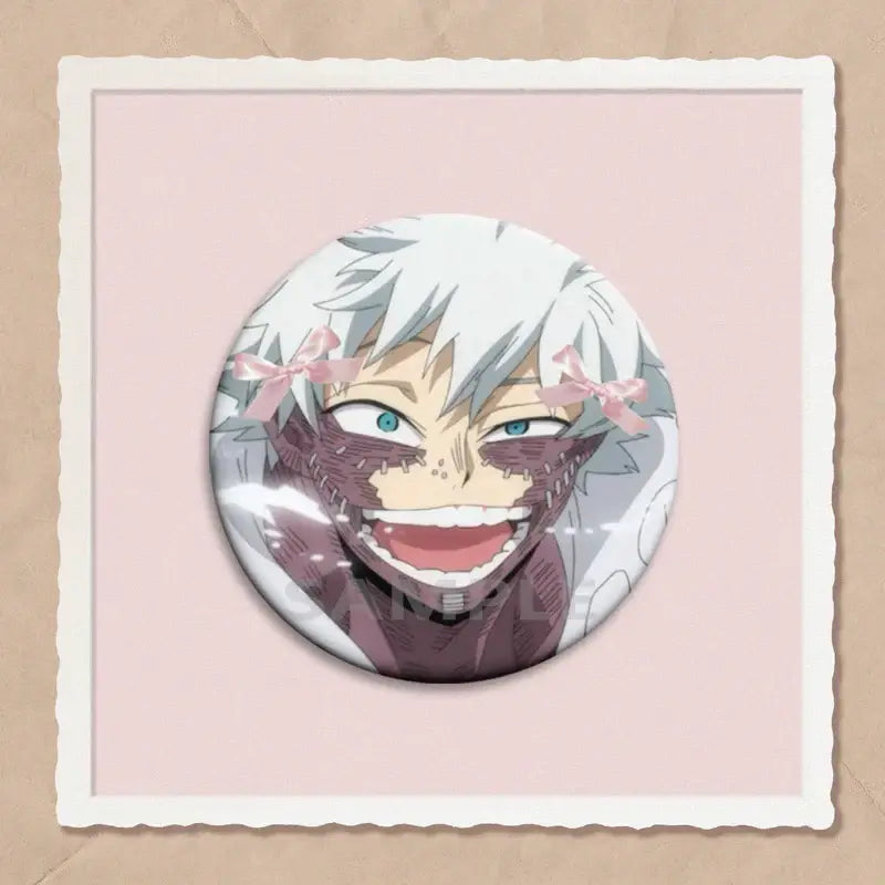 A circular hero academia dabi button pin featuring an anime character with white hair blue eyes and stitched face with pink bows