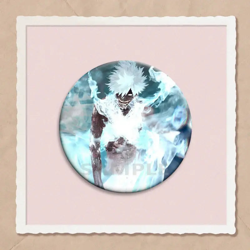 Circular my hero academia dabi button pin featuring dabi with spiky white hair and glowing blue aura in dynamic action