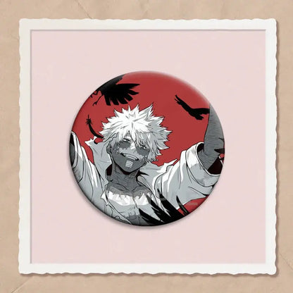 Circular my hero academia dabi button pin featuring spiky white hair anime character and crow silhouettes on red background