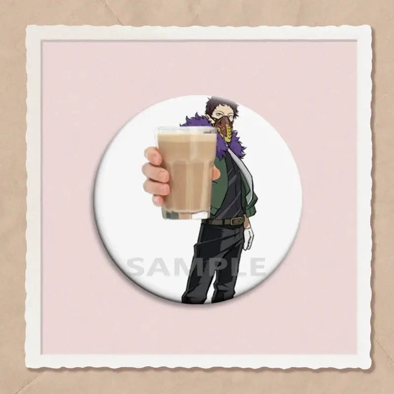 White circular hero academia dabi button pin featuring anime character in green jacket holding brown beverage badge