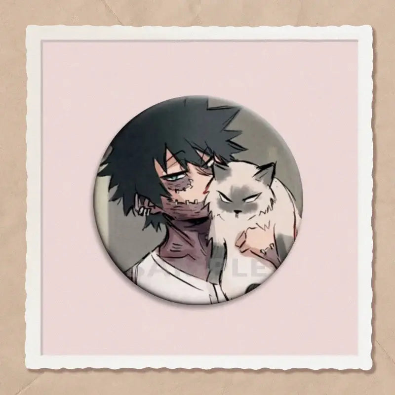 Circular grayscale hero academia dabi button pin featuring an anime character with dark spiky hair and a white cat