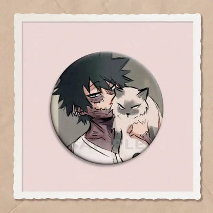Circular grayscale hero academia dabi button pin featuring an anime character with dark spiky hair and a white cat