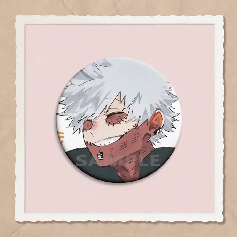 Circular hero academia dabi button pin featuring anime character with spiky white hair and stitched-up face in 32/44/58mm size