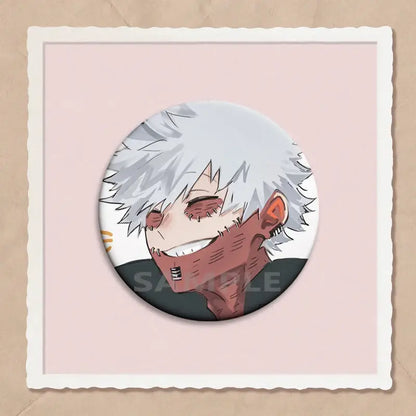 Circular hero academia dabi button pin featuring anime character with spiky white hair and stitched-up face in 32/44/58mm size