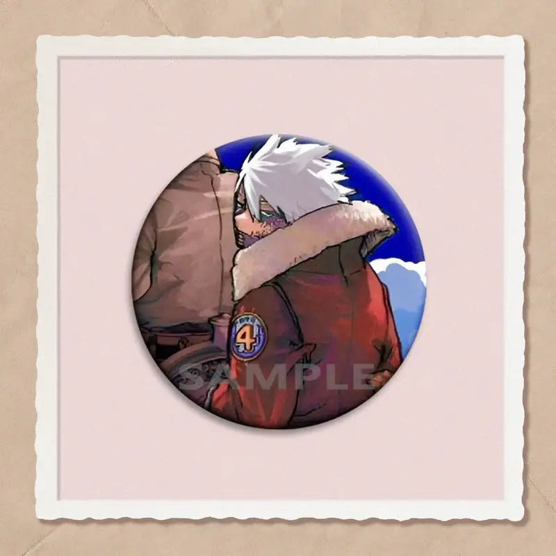 Circular hero academia dabi button pin featuring anime character with spiky white hair and red coat with blue 4 patch