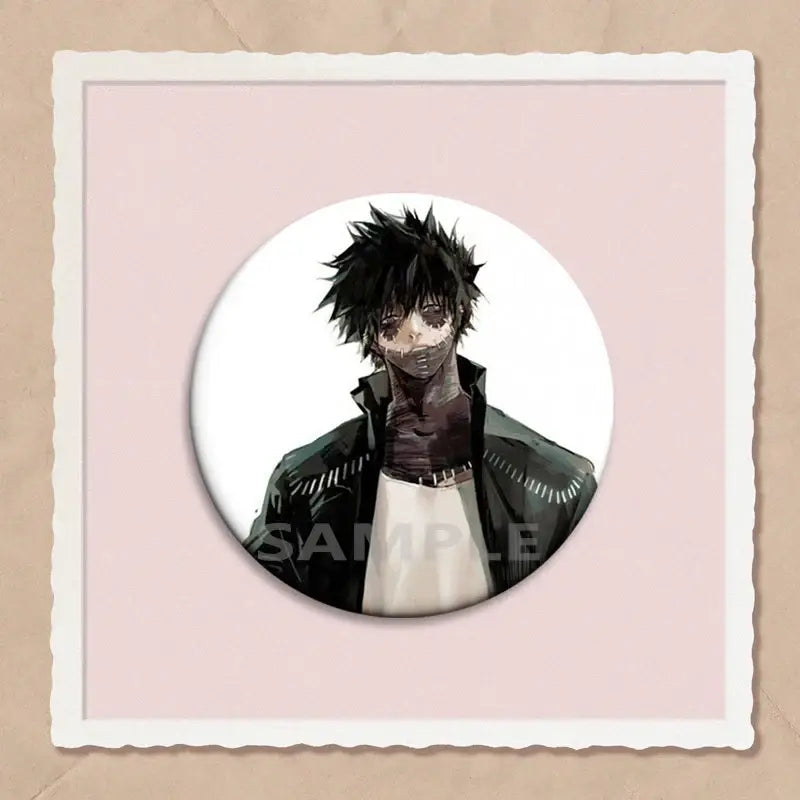Circular hero academia dabi button pin featuring anime character with spiky black hair and stitched mouth design