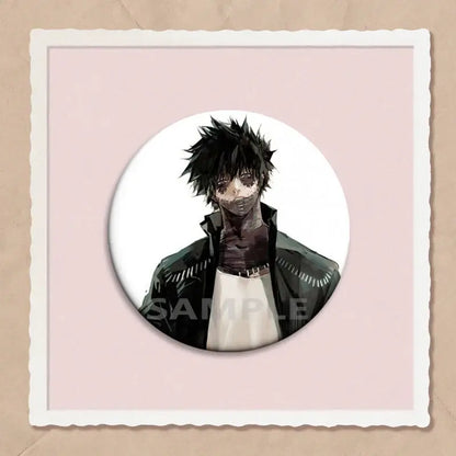 Circular hero academia dabi button pin featuring anime character with spiky black hair and stitched mouth design