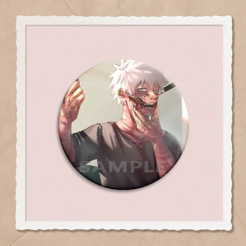 Circular hero academia dabi button pin featuring an anime character with white hair, green eyes, and dark gray clothing